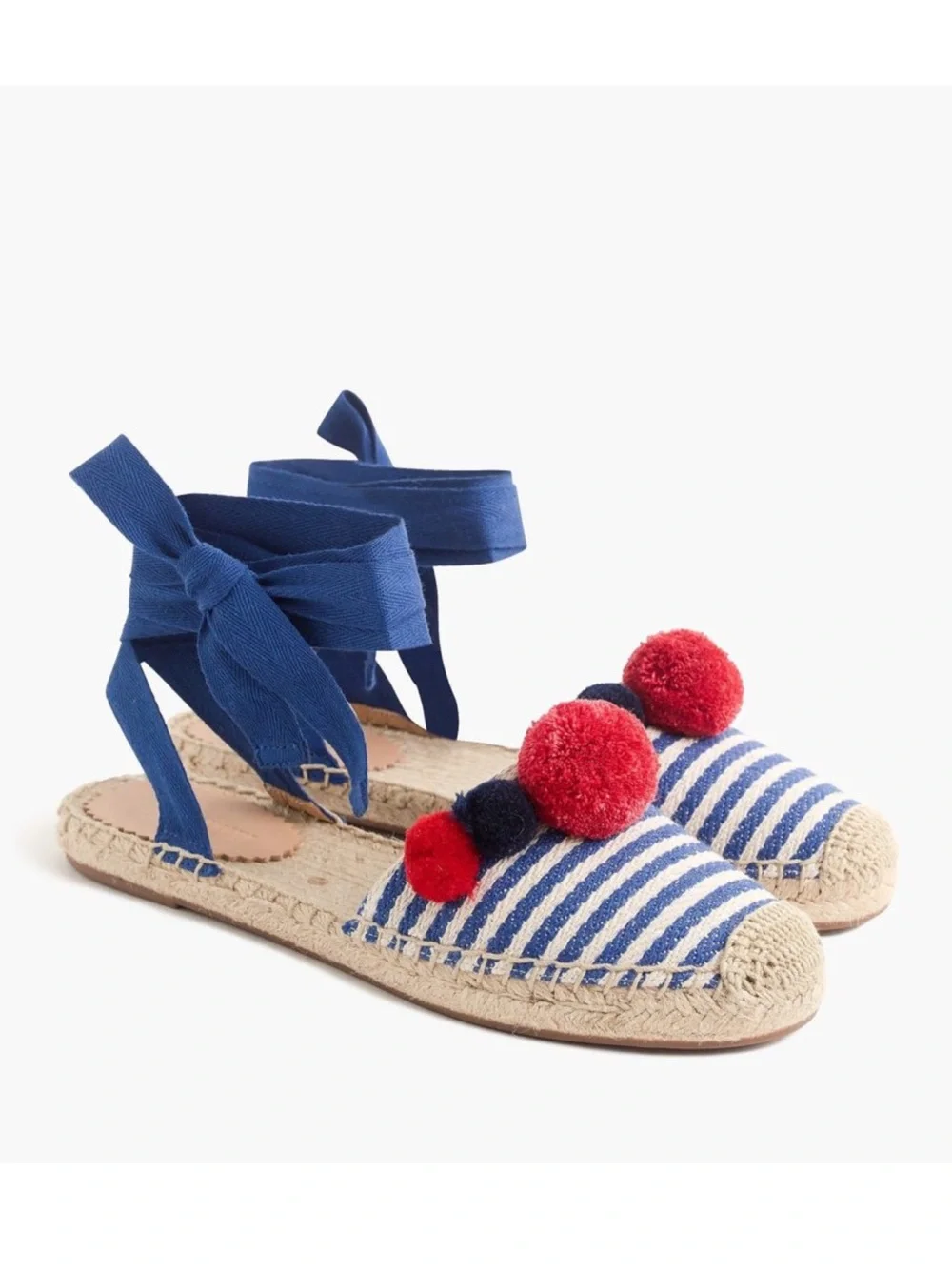J. CREW Blue White Striped Canvas w/ Pink Pom Pom Ankle Wrap Espadrilles Flats